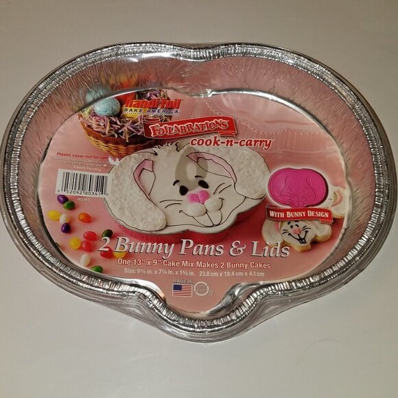 NEW Handi-foil 2 Bunny Pans + Lids Easter Rabbit Foil Cook-n-Carry Pink - Picture 1 of 6